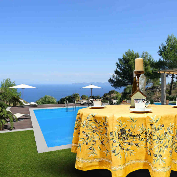 Provence d'Olives Coated French Tablecloth Round, Gold - Sweet Us