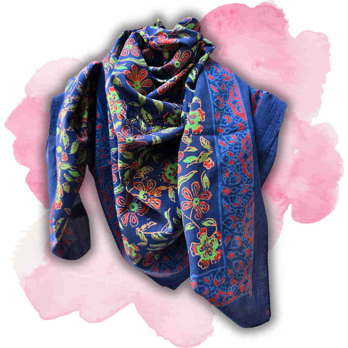 Riviera Petals Cotton Block Print Summer Floral Scarf for Women, Ultramarine - Sweet Us