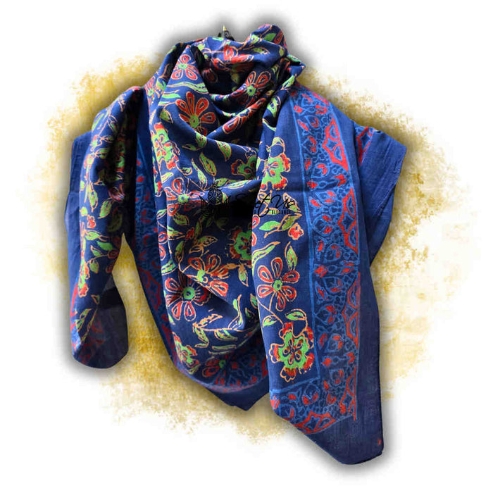 Riviera Petals Cotton Block Print Summer Floral Scarf for Women, Ultramarine - Sweet Us