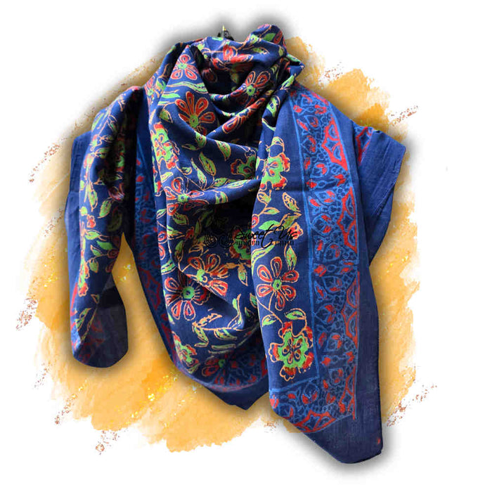 Riviera Petals Cotton Block Print Summer Floral Scarf for Women, Ultramarine - Sweet Us