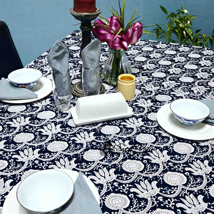 Cotton Bloom Delight Floral Tablecloth Rectangle, Kitchen Linen, Scarlet Slate - Sweet Us