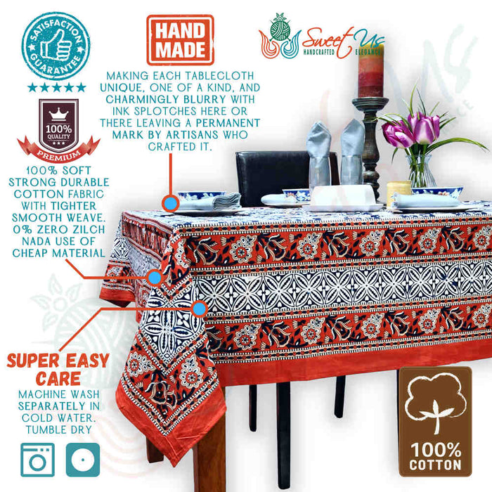 Cotton Bloom Delight Floral Tablecloth Rectangle, Kitchen Linen, Scarlet Slate - Sweet Us