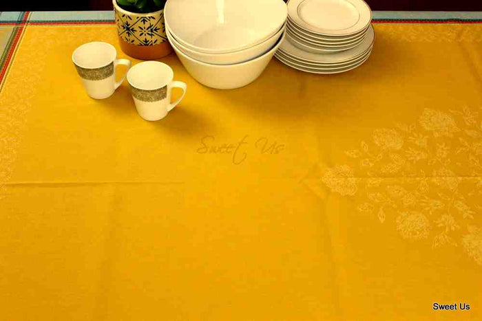 Wipeable Stain Resistant French Floral Cotton Jacquard Tablecloth Yellow Gold - Sweet Us