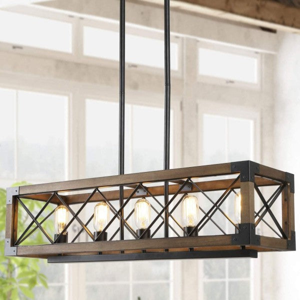 RUZINIU 31" Brown 5-Light Rectangular Farmhouse Chandelier