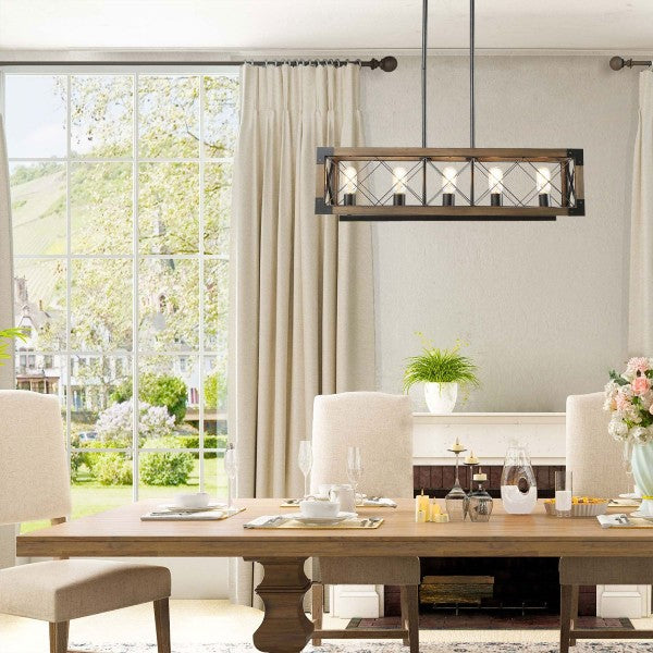 RUZINIU 31" Brown 5-Light Rectangular Farmhouse Chandelier