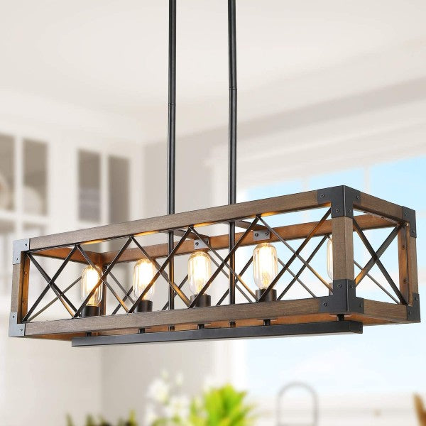 RUZINIU 31" Brown 5-Light Rectangular Farmhouse Chandelier