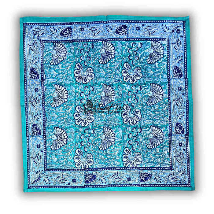Mystic Lotus Floral Cotton Block Print Dinner Set of 4 Napkins, Ocean Breeze - Sweet Us