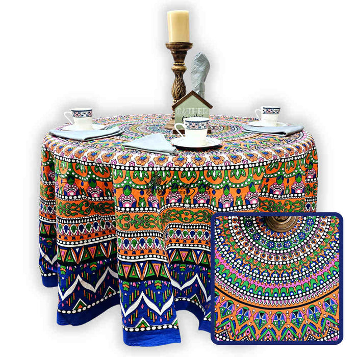 Kaleidoscope Blooms Vibrant Floral Cotton Tablecloth Round, Tropical Breeze - Sweet Us