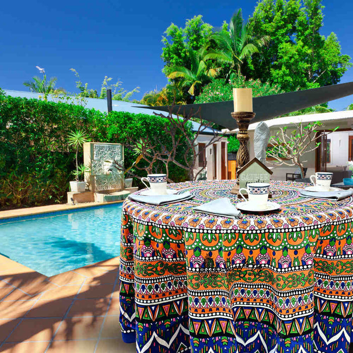Kaleidoscope Blooms Vibrant Floral Cotton Tablecloth Round, Tropical Breeze - Sweet Us