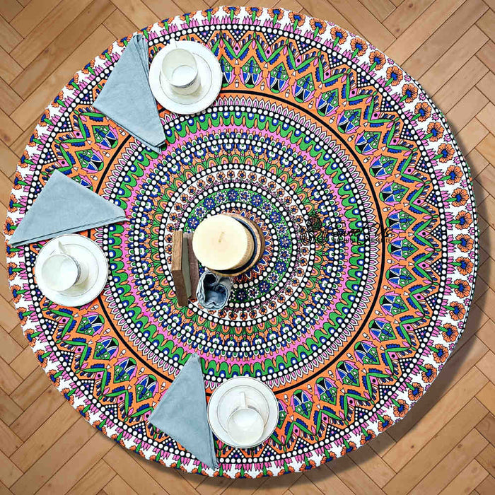 Kaleidoscope Blooms Vibrant Floral Cotton Tablecloth Round, Tropical Breeze - Sweet Us