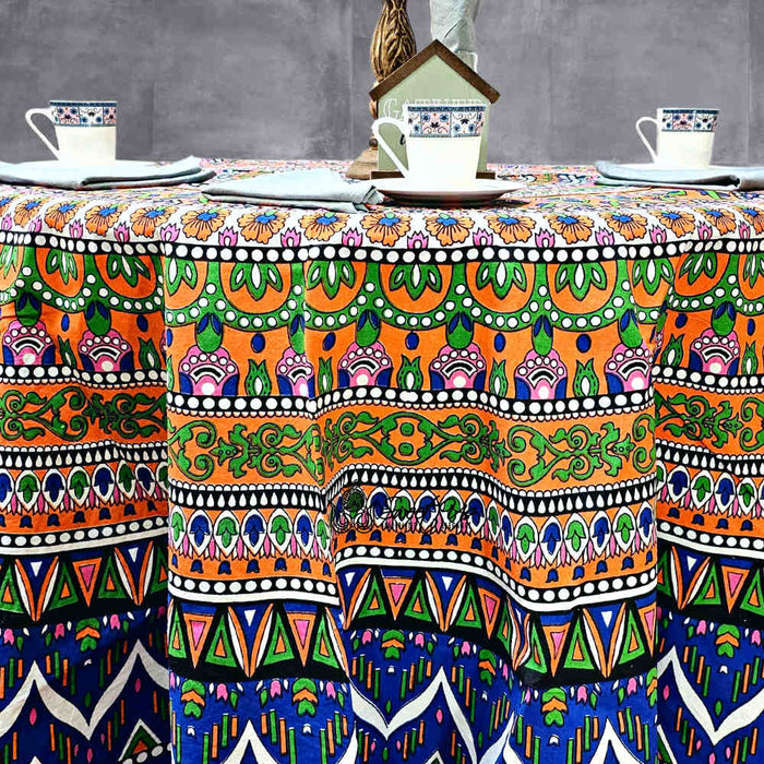Kaleidoscope Blooms Vibrant Floral Cotton Tablecloth Round, Tropical Breeze - Sweet Us