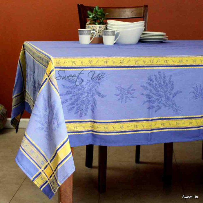 Wipeable Jacquard Tablecloth Rectangle Spill Resistant French Cotton Blue Olive - Sweet Us
