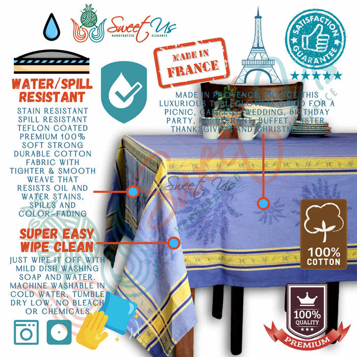 Wipeable Jacquard Tablecloth Rectangle Spill Resistant French Cotton Blue Olive - Sweet Us
