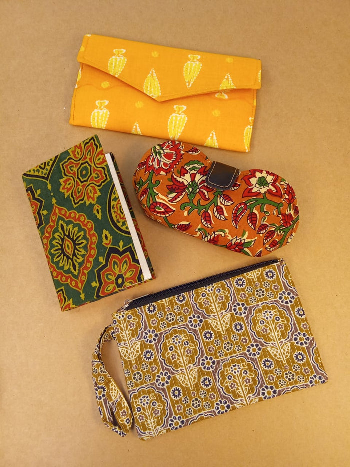 Set of Kalamkari Diary, Mustard Clutch, Floral Sunglass Case & Everyday Pouch