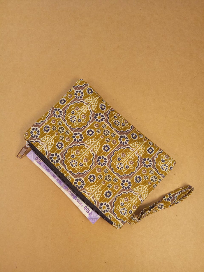 Set of Kalamkari Diary, Mustard Clutch, Floral Sunglass Case & Everyday Pouch