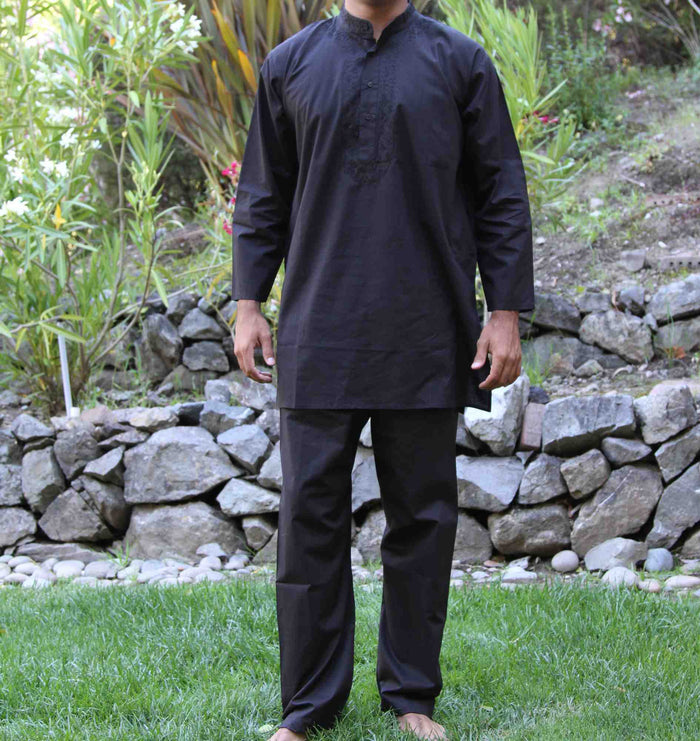 Shirt Tunic Kurta & Pant Set Unisex Soft Cotton Black Large Embroidered - Sweet Us
