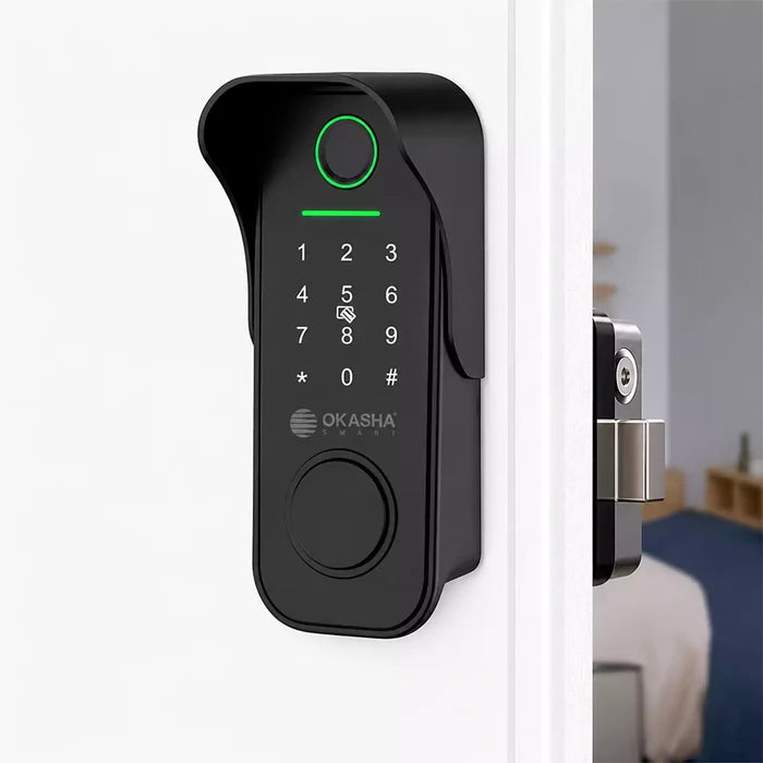 Smart biometric door lock installed on a residential door featuring fingerprint access, touchscreen keypad, and modern keyless entry system for secure home access
