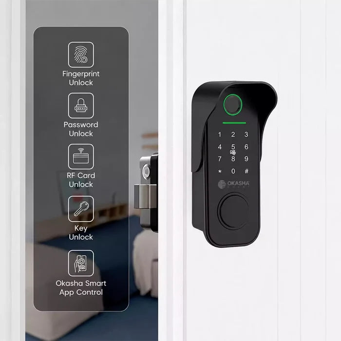 Smart main gate lock showing fingerprint unlock, password access, RF card unlock, mechanical key access, and mobile app control for modern smart entry security systems