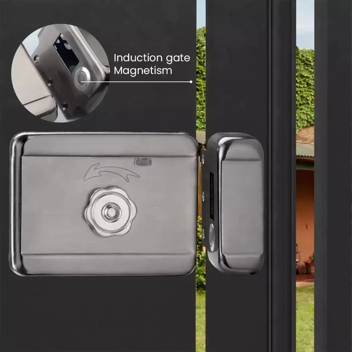 Smart main gate lock magnetic induction locking system installed on an outdoor metal gate for secure automatic locking performance