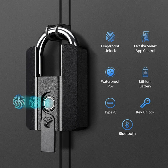 Okasha Smart fingerprint padlock showing Bluetooth, app control, IP67 waterproof, Type-C charging and key unlock features