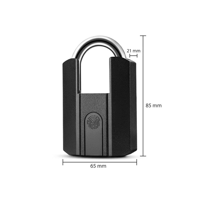 Okasha Smart fingerprint padlock showing 85 mm height, 65 mm width and 21 mm shackle measurement