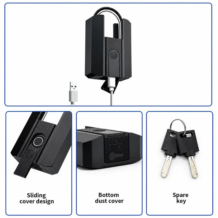Okasha Smart fingerprint padlock showing Type-C charging port, sliding cover, bottom dust cover and spare keys
