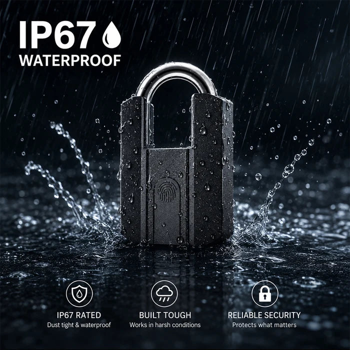 Okasha Smart fingerprint padlock with Type-C charging cable, sliding cover, bottom dust cover and spare key backup