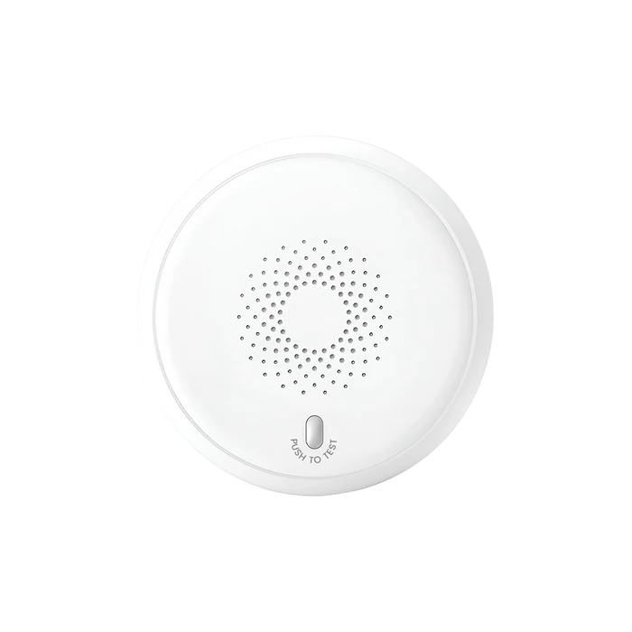 Smart Zigbee smoke detector with test button for reliable fire detection and connected home safety monitoring.