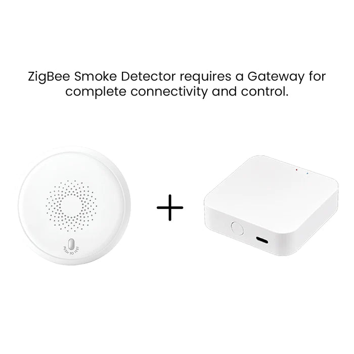 Zigbee smoke detector paired with a smart gateway for remote monitoring, alerts, and connected home automation.