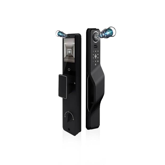 Okasha Smart Smart Vault Door Lock front and rear panels with dual cameras and biometric touch keypad in black finish.
