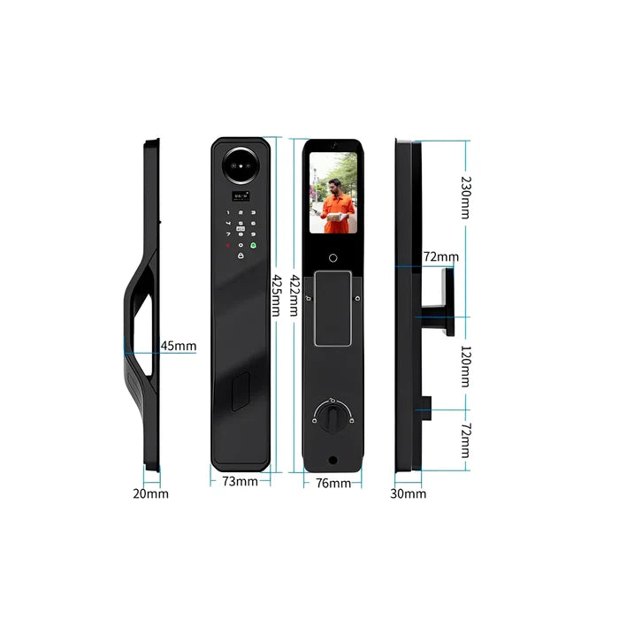 Smart Vault Door Lock dimensions chart showing front and rear panels with height 425mm and 422mm, widths 73mm and 76mm, side thickness 20mm and 30mm, handle depth 45mm, and mounting sections labeled 230mm, 120mm, and 72mm.