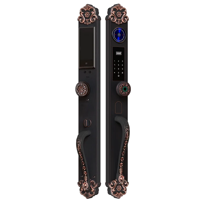Front and back view of luxury vintage smart door lock with palm vein recognition, fingerprint unlock and HD display by Okasha Smart Pakistan
