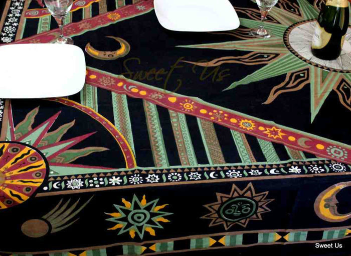 Cotton Celestial Sun Moon Star Tablecloth Rectangle Black Green Orange - Sweet Us