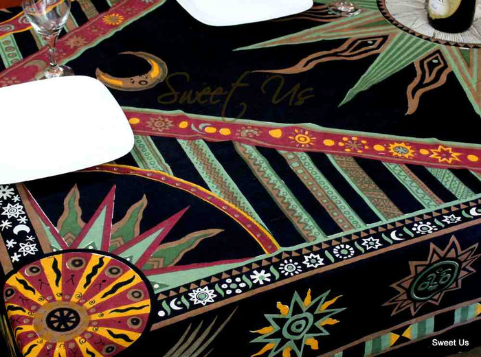 Cotton Celestial Sun Moon Star Tablecloth Rectangle Black Green Orange - Sweet Us
