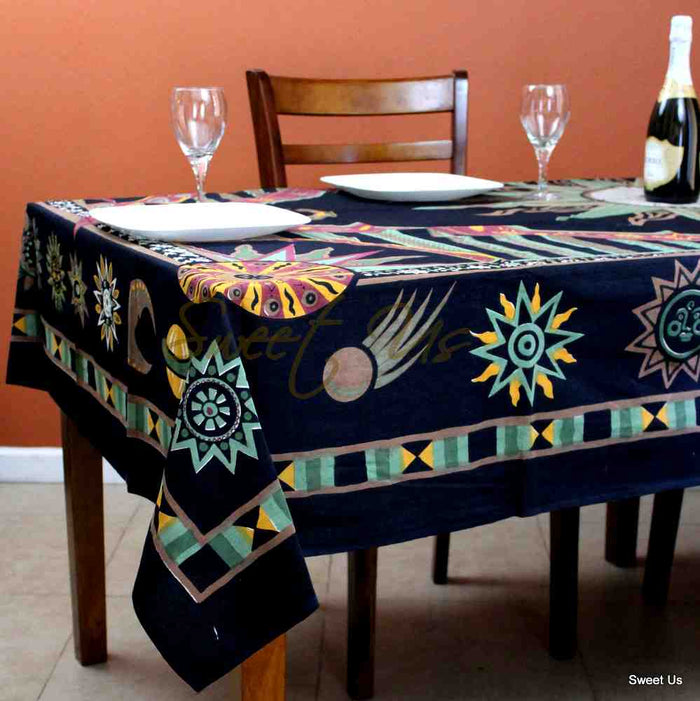 Cotton Celestial Sun Moon Star Tablecloth Rectangle Black Green Orange - Sweet Us
