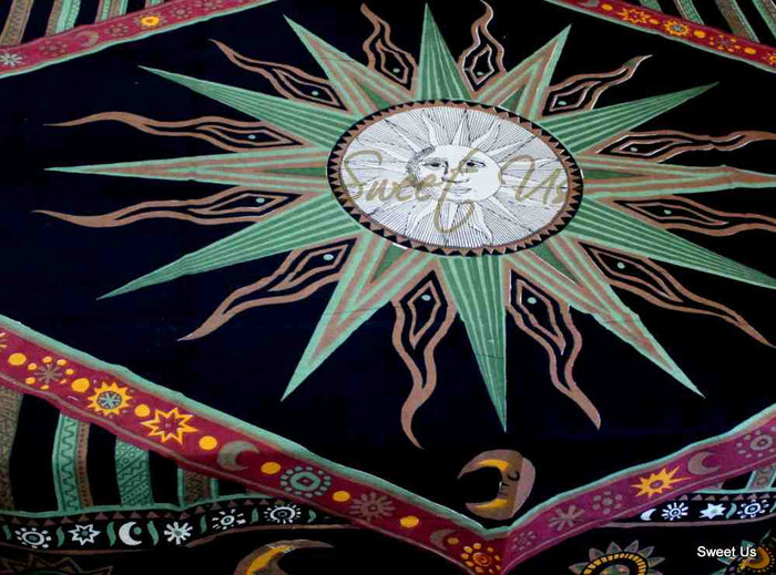 Cotton Celestial Sun Moon Star Tablecloth Rectangle Black Green Orange - Sweet Us