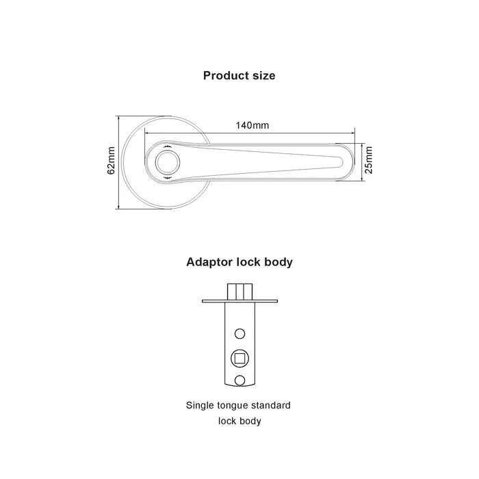 smart door lock handle dimensions diagram with 140mm length and adaptor lock body specifications for installation by Okasha Smart Pakistan