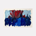The artwork 'Suspiro 171' by Carin Kulb Dangot features bold brushstrokes in deep navy blue and light blue tones, with a dramatic burst of crimson red emerging from the center. The abstract composition displays dynamic movement through sweeping gestures and layered acrylic paint, creating a powerful contrast between cool and warm colors on canvas.