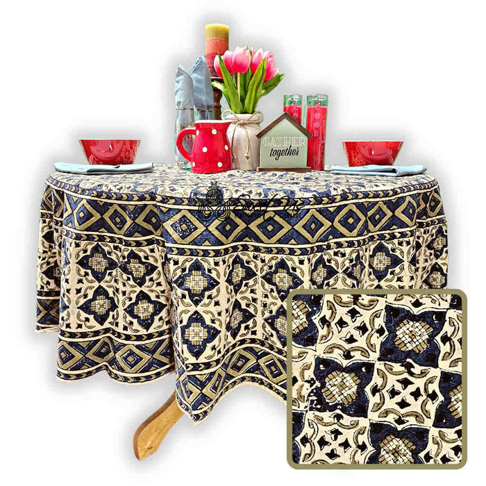 Block Print Cotton Sustainable Geometric Tablecloth Collection, Green - Sweet Us