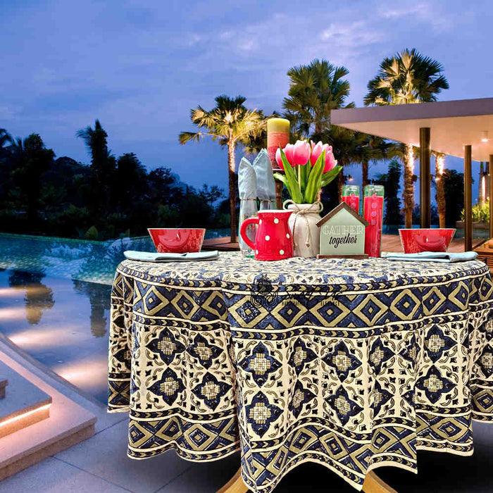 Block Print Cotton Sustainable Geometric Tablecloth Collection, Green - Sweet Us