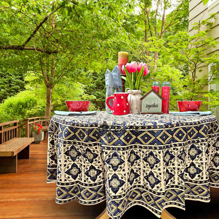 Block Print Cotton Sustainable Geometric Tablecloth Collection, Green - Sweet Us