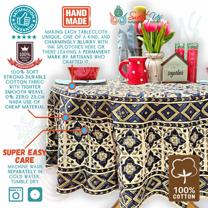 Block Print Cotton Sustainable Geometric Tablecloth Collection, Green - Sweet Us