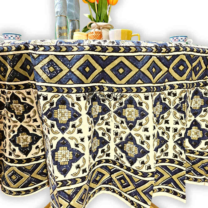 Block Print Cotton Sustainable Geometric Tablecloth Collection, Green - Sweet Us
