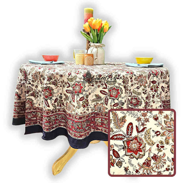 Rustic Autumn Floral Block Print Cotton Tablecloth Round - Sweet Us