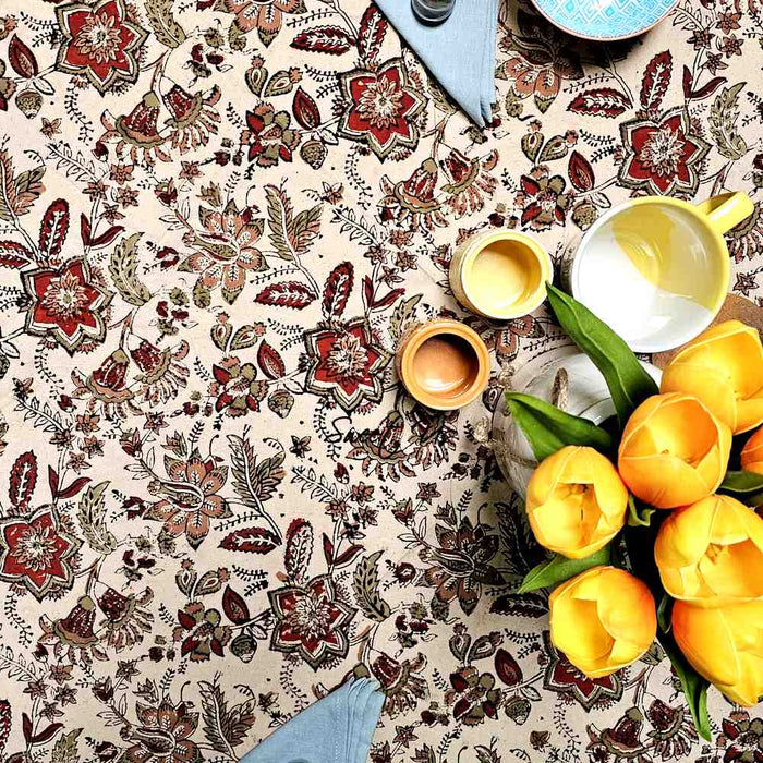Rustic Autumn Floral Block Print Cotton Tablecloth Round - Sweet Us