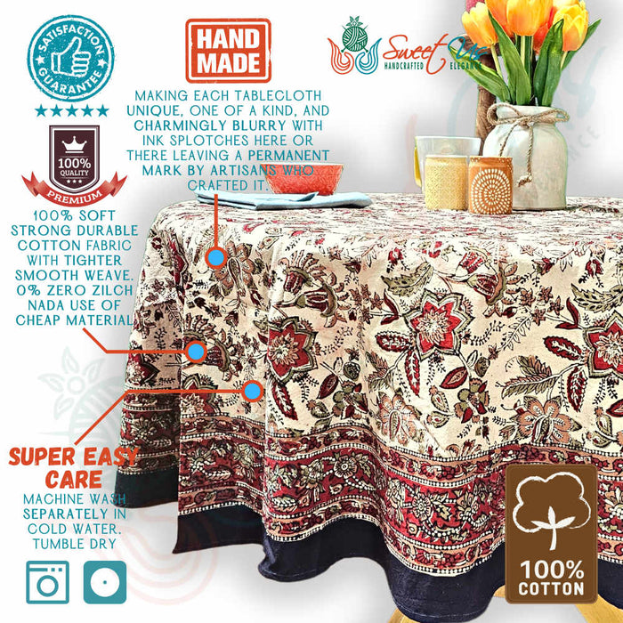 Rustic Autumn Floral Block Print Cotton Tablecloth Round - Sweet Us