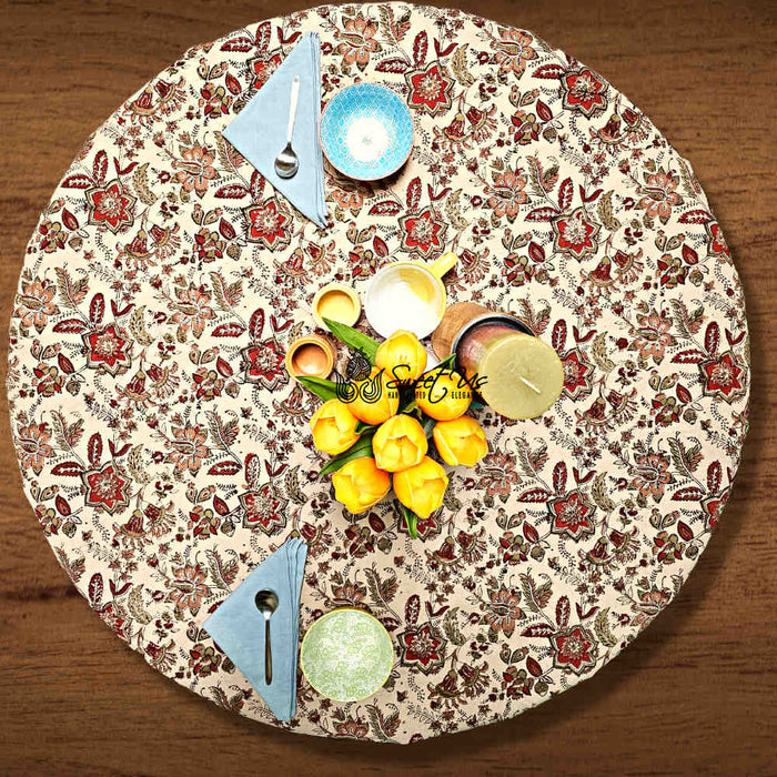 Rustic Autumn Floral Block Print Cotton Tablecloth Round - Sweet Us