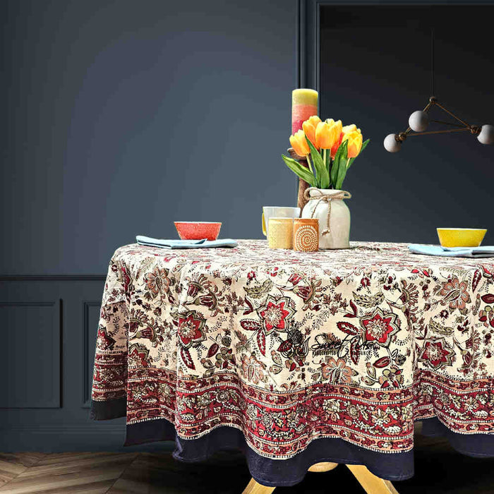 Rustic Autumn Floral Block Print Cotton Tablecloth Round - Sweet Us