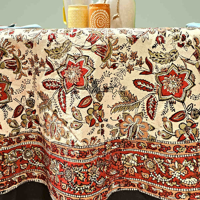 Rustic Autumn Floral Block Print Cotton Tablecloth Round - Sweet Us