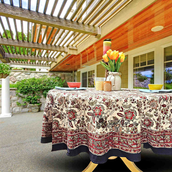 Rustic Autumn Floral Block Print Cotton Tablecloth Round - Sweet Us